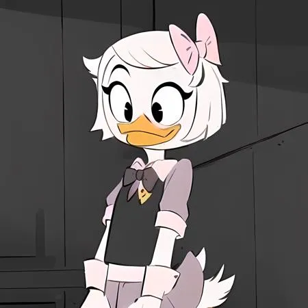 This is a picture of Daisy Duck from the new Ducktales reboot. She is standing in a hallway, looking at the viewer with a smile on her face. She is wearing a black dress with a white collar and cuffs, and a pink bow in her hair. Her feet are bare.