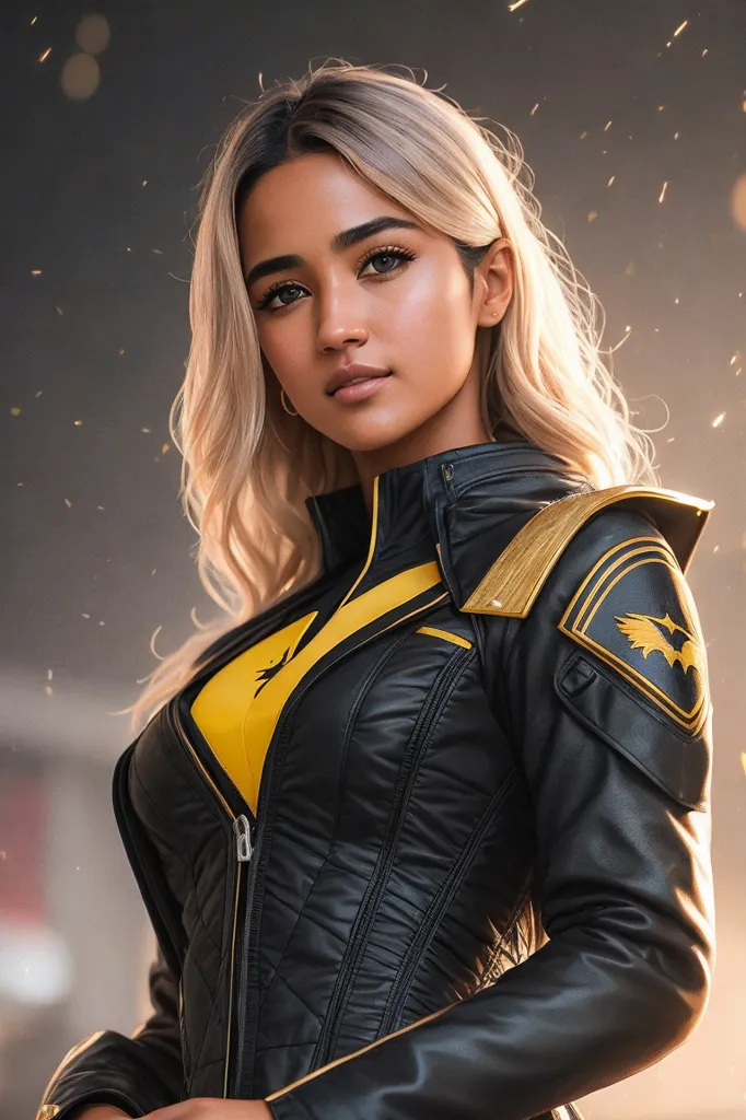 The image is of a young woman with long blonde hair and brown eyes. She is wearing a black leather jacket with yellow accents and a yellow shirt underneath. The jacket has a bird-like emblem on the shoulder. The woman is looking at the camera with a serious expression.