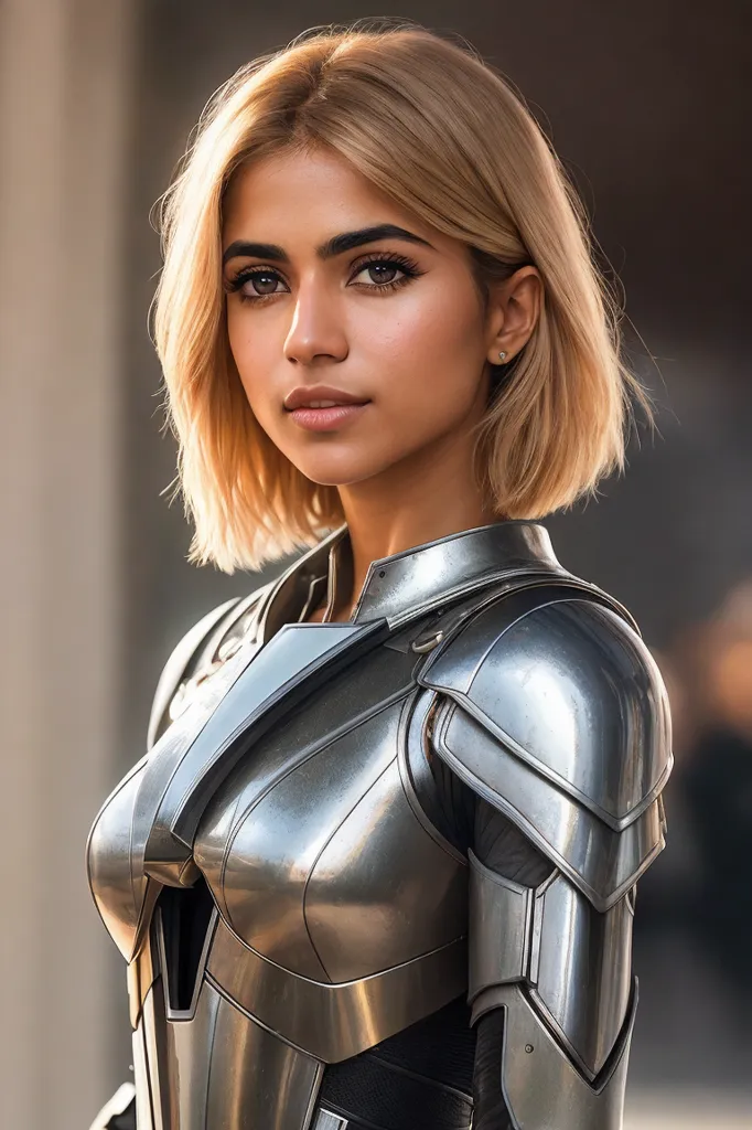 The image shows a young woman with short blonde hair and brown eyes. She is wearing a silver metal breastplate with shoulder pads. The breastplate has intricate designs on it. She is looking at the camera with a serious expression.