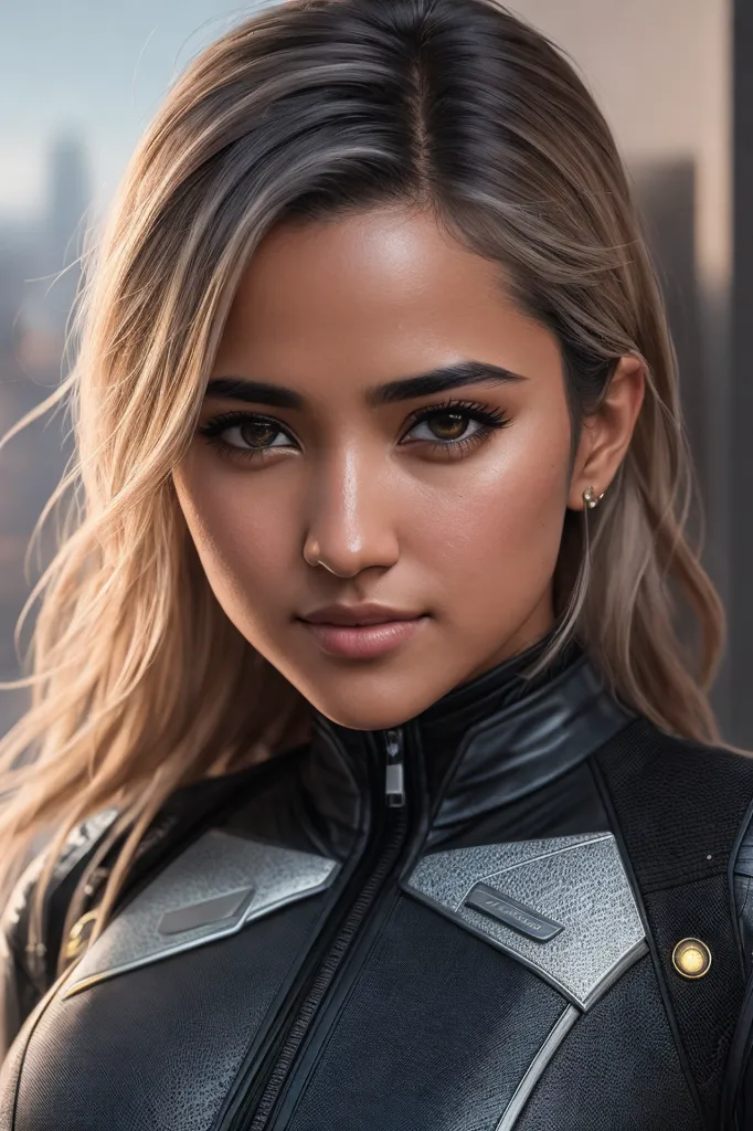 The image shows a young woman with long, wavy blonde hair. She is wearing a black leather jacket with silver accents. The jacket is open, revealing a black bodysuit underneath. She is looking at the viewer with a serious expression. Her skin is flawless and her eyes are a deep brown color. Her lips are slightly parted. She is wearing a small silver earring in her left ear.