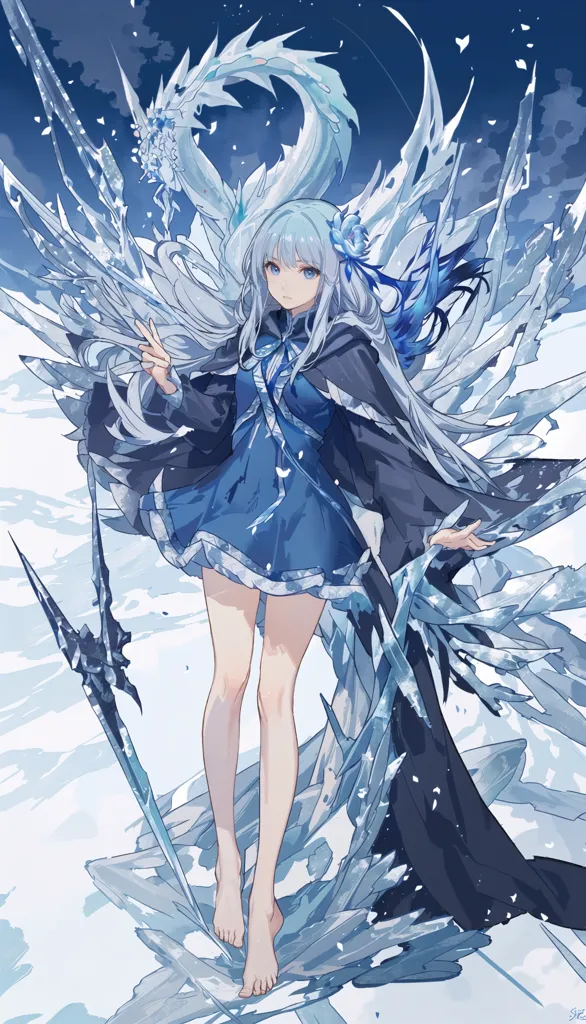 The picture shows a girl with long white hair and blue eyes. She is wearing a blue dress with a white cape. She is also barefoot. The girl is standing on a pile of ice and snow. There are also two ice dragons behind her. The girl is surrounded by sharp ice shards.