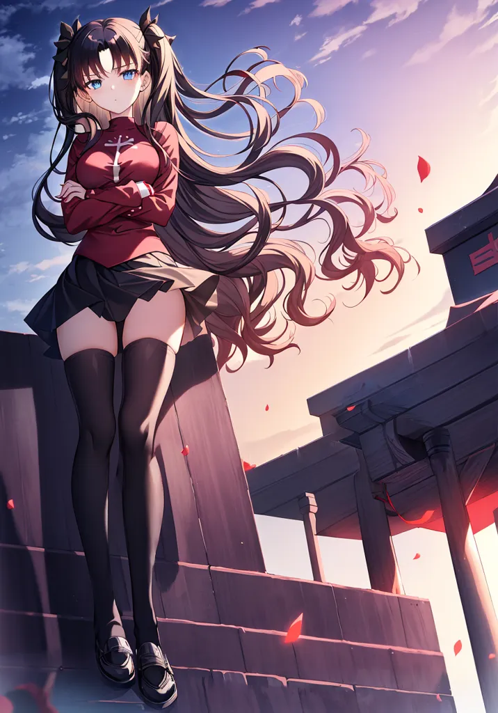 The image is of a young woman with long brown hair and blue eyes. She is wearing a red shirt, black skirt, and black boots. She is standing on a wall with her arms crossed and looking down at the viewer with a serious expression. In the background is a blue sky with white clouds and a traditional Japanese building with red accents.