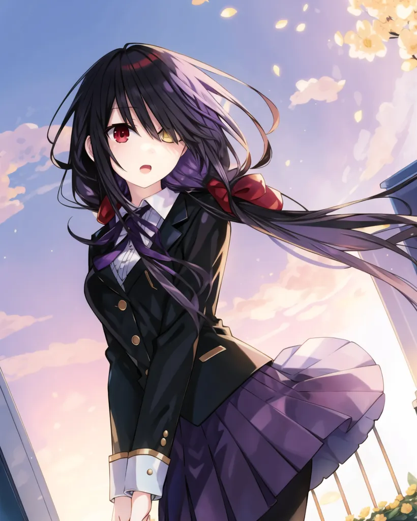 The image is an anime-style drawing of a young woman. She has long black hair that is tied up in a ponytail, and her eyes are red with yellow irises. She is wearing a black school uniform with a purple skirt and a white blouse. She also has a red bow in her hair and a purple ribbon around her neck. She is standing on a rooftop, and the background is a sunset.