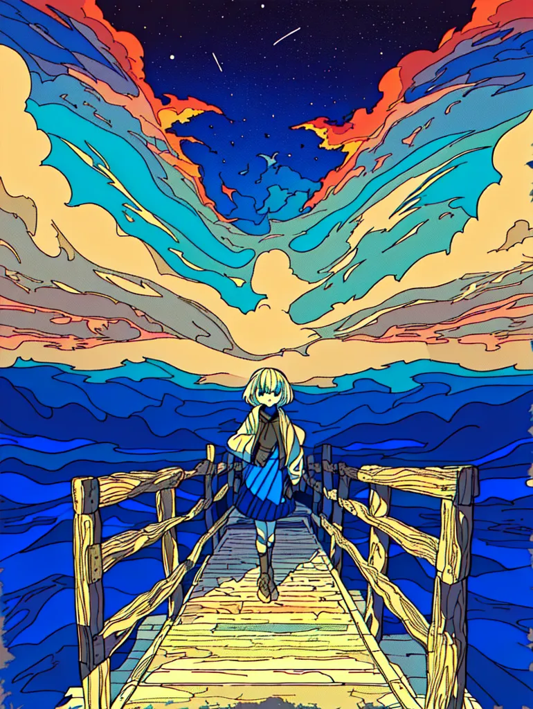 The image is a painting of a girl standing on a dock. The girl is wearing a blue dress and a white coat. She has short white hair. The dock is made of wood and is surrounded by water. The water is a deep blue color. The sky is a bright orange color and there are clouds in the sky. There are also stars in the sky. The painting is done in a colorful and abstract style.