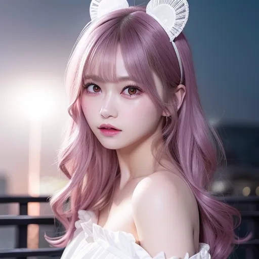 A imagem mostra uma jovem mulher com cabelo rosa e orelhas de gato. Ela está usando um vestido branco com um decote em forma de coração. O fundo está desfocado e parece uma cidade à noite. A mulher olha para o espectador com um sorriso tímido no rosto.