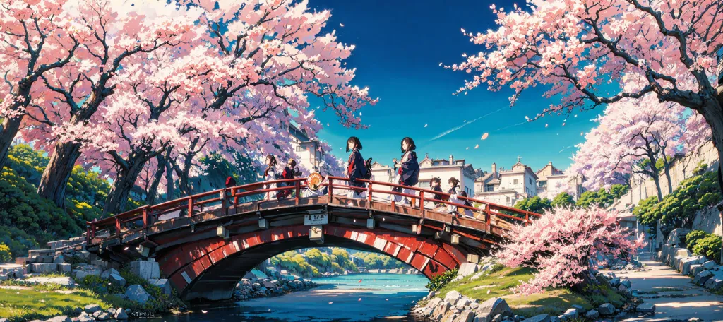 La imagen es un hermoso paisaje de un pueblo en Japón. Los cerezos están en plena floración, y los pétalos caen como nieve. Un río atraviesa el pueblo, y hay un puente en primer plano. Un grupo de chicas caminan por el puente, y todas llevan ropa tradicional japonesa. El fondo de la imagen es un paisaje urbano, con casas y tiendas tradicionales japonesas. La imagen es pacífica y serena, y captura la belleza de la primavera japonesa.