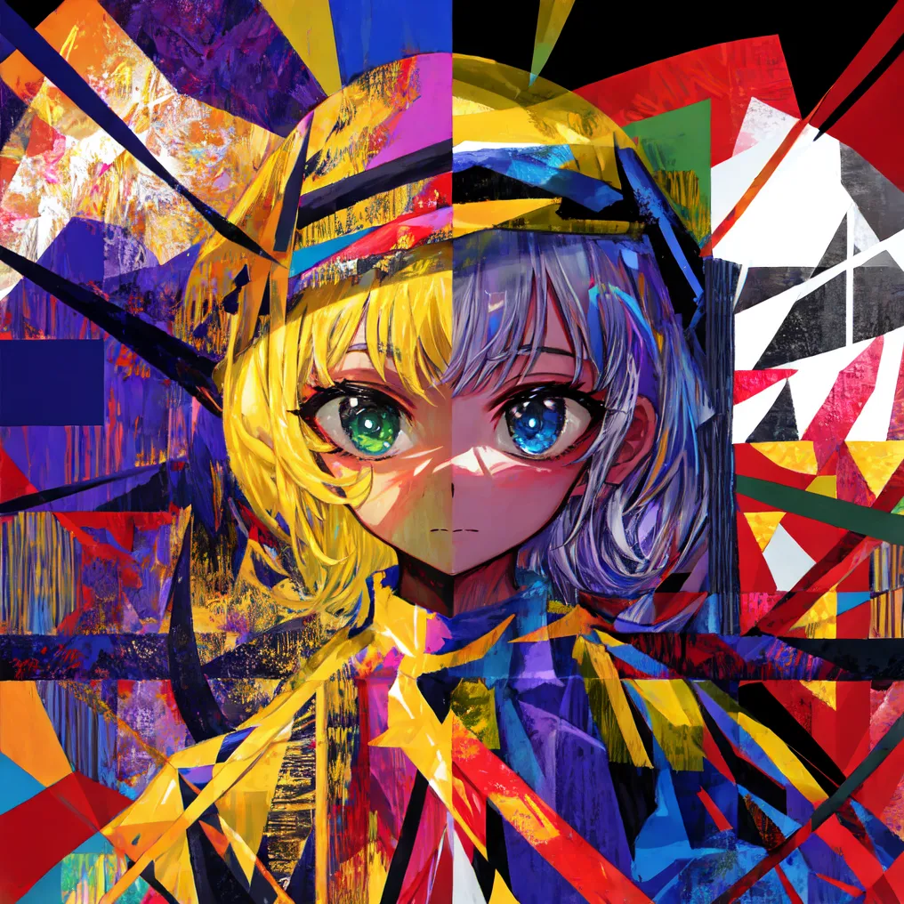 The image is a portrait of a young woman with blonde and blue hair. She is wearing a yellow hat and a blue scarf. The background is a colorful abstract pattern. The woman's face is divided in half, with the left side being a more realistic painting and the right side being more abstract.