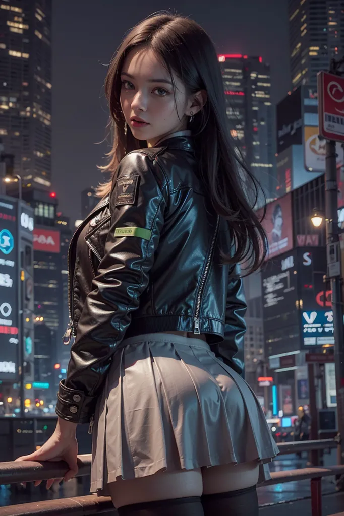 The image shows a young woman standing on a rooftop in a city at night. She is wearing a black leather jacket, a gray pleated skirt, and black boots. She has long brown hair and green eyes. She is looking over her shoulder at the viewer with a confident expression. The city is in the background and is out of focus.