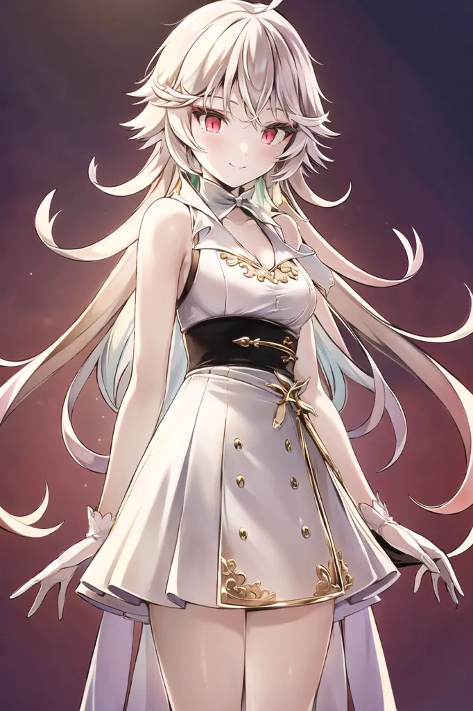 La imagen es de una hermosa chica de anime con el cabello blanco largo y ojos rojos. Ella está usando un vestido blanco con un corsé negro. Ella está de pie en una habitación oscura con un fondo púrpura.