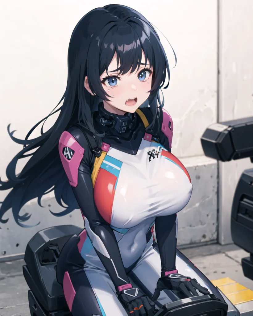 The image is of a young woman with long black hair and blue eyes. She is wearing a white and red bodysuit with a black collar. The bodysuit has a zipper in the front and a small patch on the left sleeve with the letter "A" on it. She is also wearing a black glove on her right hand. She is sitting on a black motorcycle and looking at the camera with a surprised expression on her face.