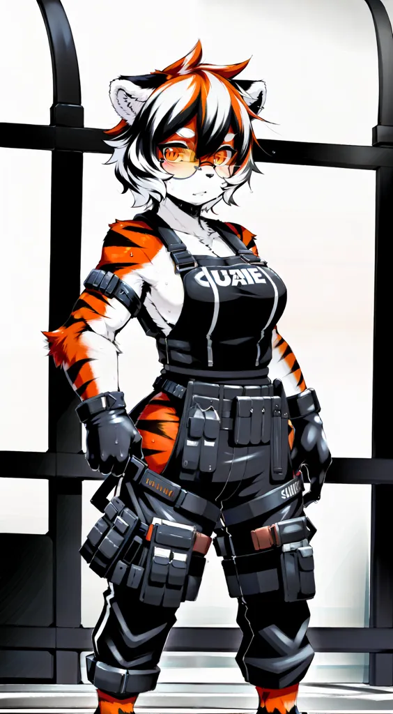 A imagem é de uma tigresa furry fêmea com cabelos brancos, laranja e pretos. Ela está usando um colete tático preto e laranja com uma camisa branca por baixo. Ela também está usando luvas e botas pretas, e tem uma mochila preta e laranja nas costas. Ela tem uma expressão séria no rosto e está olhando para o espectador com seus olhos laranja. Ela está em pé em uma sala com um fundo branco.