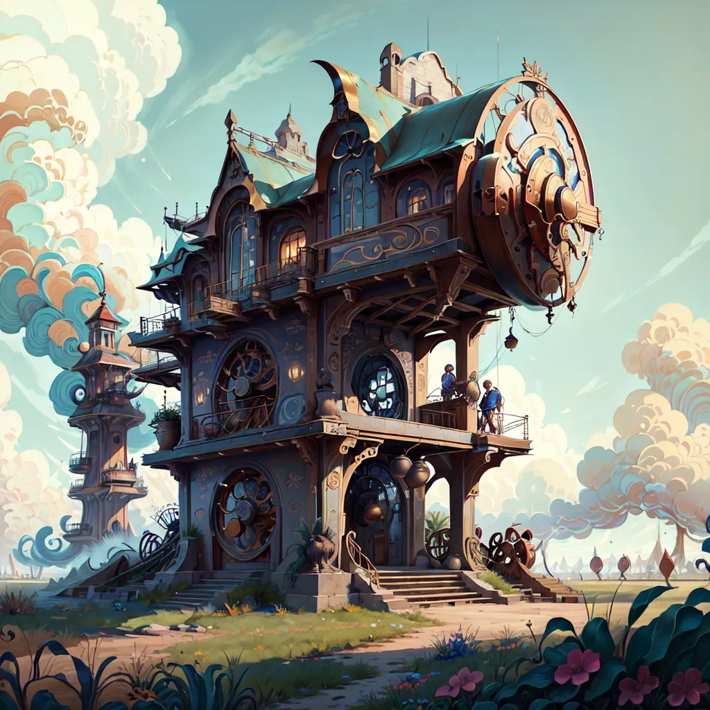 The image is a steampunk house. It has a lot of gears and cogs on the outside. There are two people on the balcony. The house is surrounded by clouds.