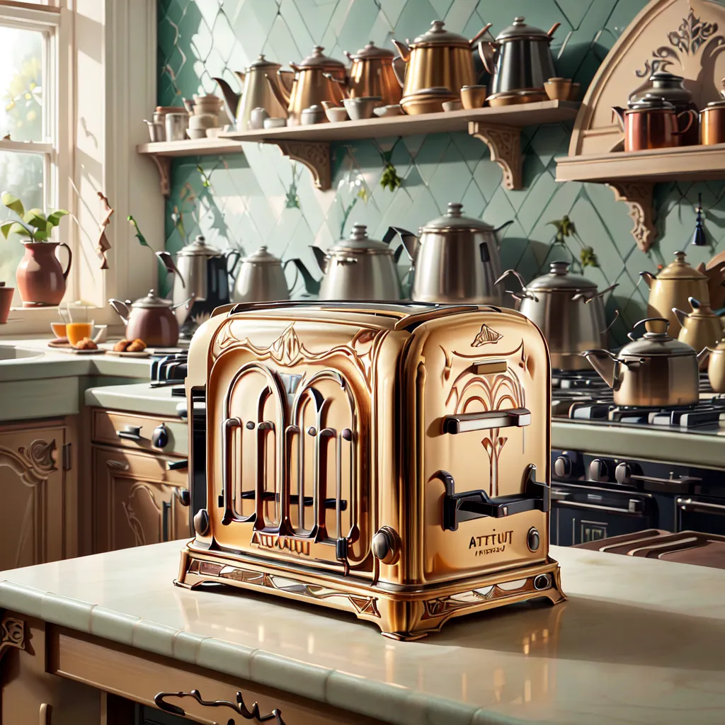 The image shows a toaster on a kitchen counter. The toaster is made of copper and has a beautiful Art Nouveau design. The toaster is sitting on a white marble countertop. There is a window to the left of the toaster and a stove to the right. There are shelves on the walls behind the counter with various copper and ceramic pots and tea kettles. The shelves have green tile backsplashes. The floor is made of wood. The image is warm and inviting and has a retro feel.