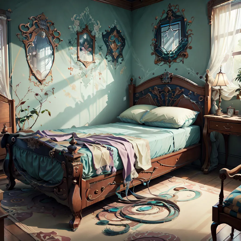 The picture shows a cozy bedroom with a large bed, a nightstand, a dresser, and a few chairs. The bed is made with a blue comforter and white pillows. There is a purple scarf at the end of the bed. The nightstand has a lamp and a clock on it. The dresser has a mirror on top of it. There are two paintings on the wall. The floor is covered with a blue and white rug. The room is decorated with a few plants and flowers.