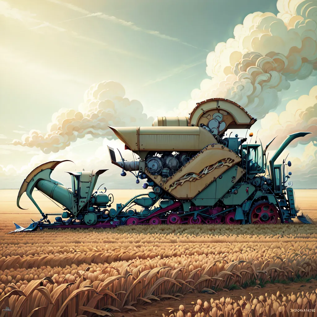 This is a digital painting of a combine harvester. The combine is a large, self-propelled machine used to harvest crops. The combine has a large cutter bar in the front that cuts the crop, and a threshing unit that separates the grain from the chaff. The grain is then stored in a grain tank, and the chaff is spread out behind the combine. The combine is painted in a green and yellow color scheme, and it has a futuristic design. The combine is sitting in a field of wheat, and there are clouds in the background.