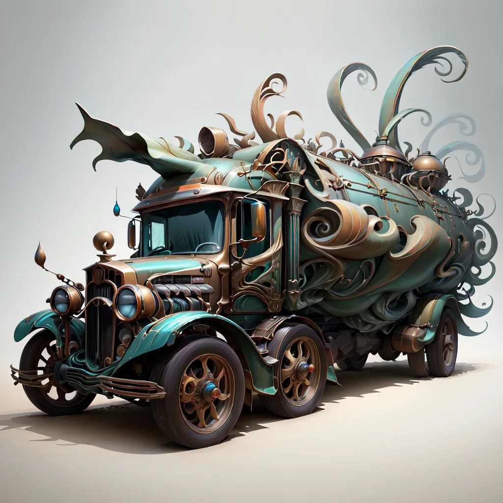 The image shows a steampunk truck. It is a large, ornate vehicle with a green and brown body. The truck is covered in intricate metalwork and has a large tank on the back. The truck is also equipped with a variety of weapons, including a cannon on the front and a pair of gatling guns on the sides.