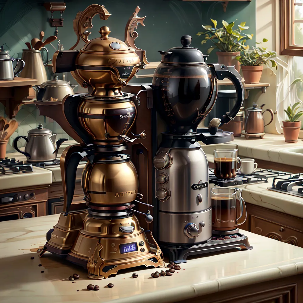 The image shows a coffee machine on a kitchen counter. The coffee machine is made of copper and glass and has a lot of knobs and dials. A glass pot is sitting on the warmer next to the machine. There is a bag of coffee beans spilled on the counter in front of the machine. There are plants sitting on the window sill in the background. The image is warm and inviting and makes you want to have a cup of coffee.