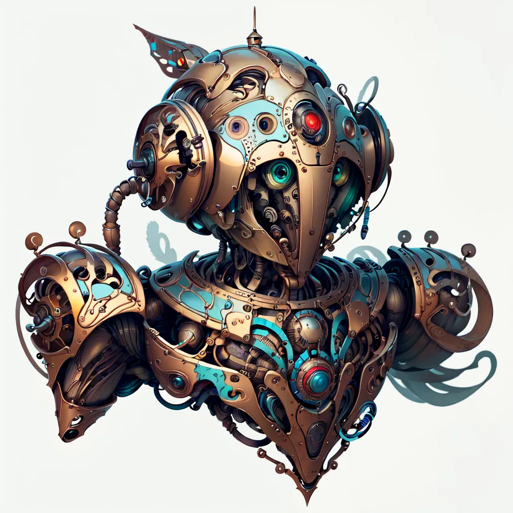 The image is a steampunk robot with a bird-like head. It has a golden body with blue and green details. The robot is wearing a hat and has a feather sticking out of it. It has two big eyes and a beak. The robot is also wearing a scarf.