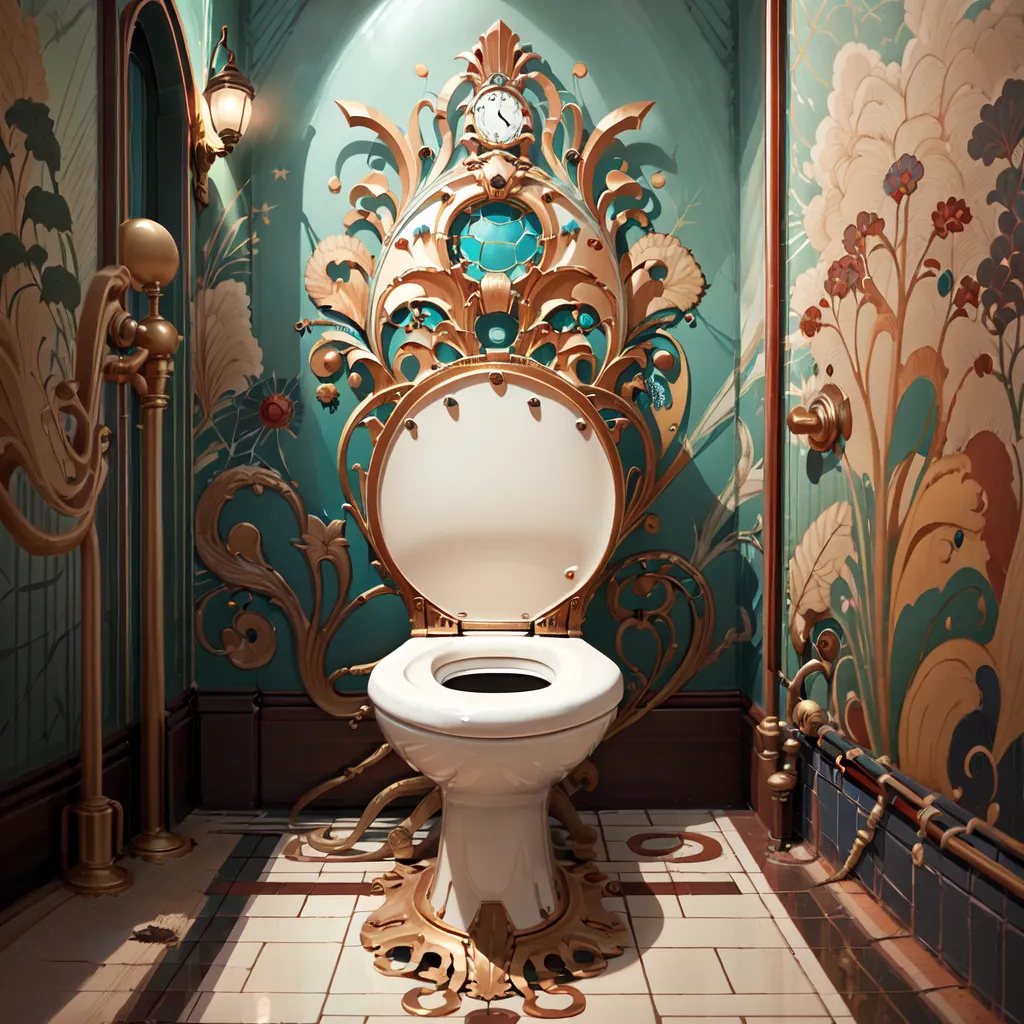 The image is a bathroom with a toilet, a sink, and a bathtub. The walls are covered in green and gold wallpaper. There is a clock on the wall above the toilet, and there are two sconces on the wall next to the sink. The floor is covered in brown and white tile. The bathroom is decorated in a Victorian style.