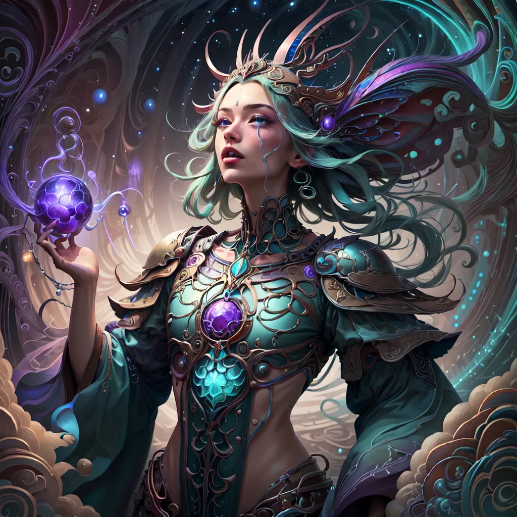 The image is of a beautiful woman with long green hair and blue eyes. She is wearing a green and gold dress with a metal breastplate. She is holding a purple orb in her hand. There are stars and clouds in the background.