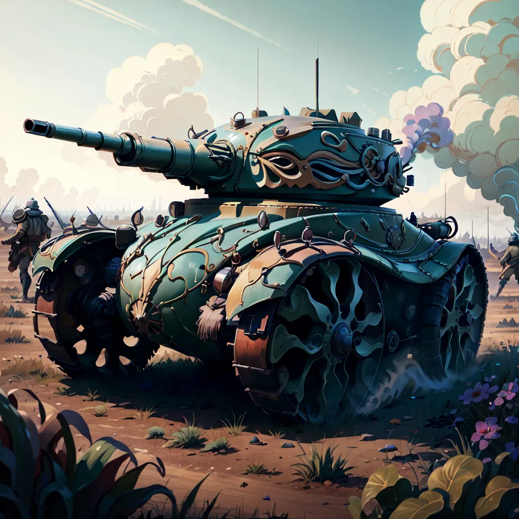 The image shows a steampunk tank. It is green and has a lot of intricate details. There are soldiers in the background. The tank is moving towards the viewer.