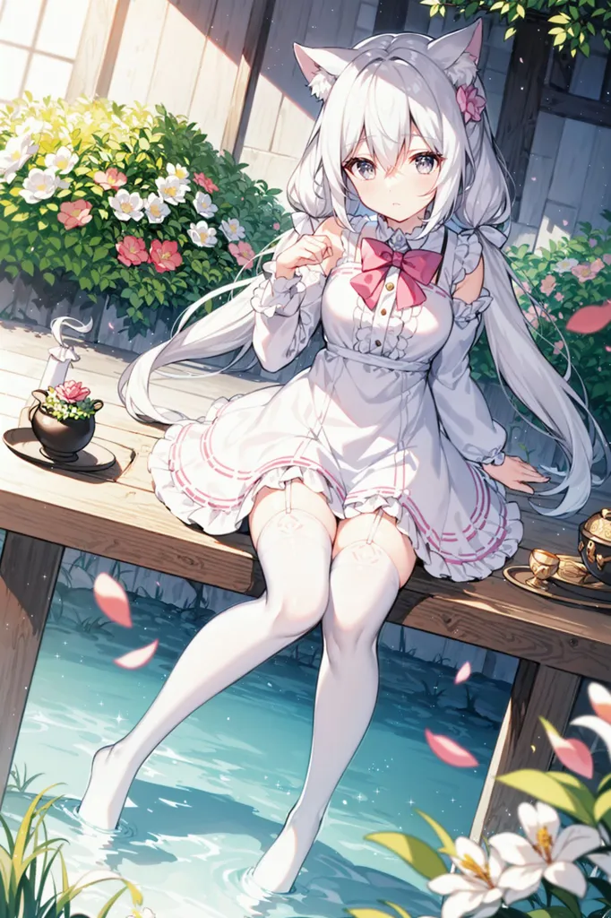 The image depicts a young woman with long white hair and cat ears. She is wearing a white dress with a pink bow and has a pink ribbon in her hair. She is sitting on a wooden railing with her feet in a pond. There are flowers and plants in the background. The woman has a serene expression on her face and is looking at the viewer.