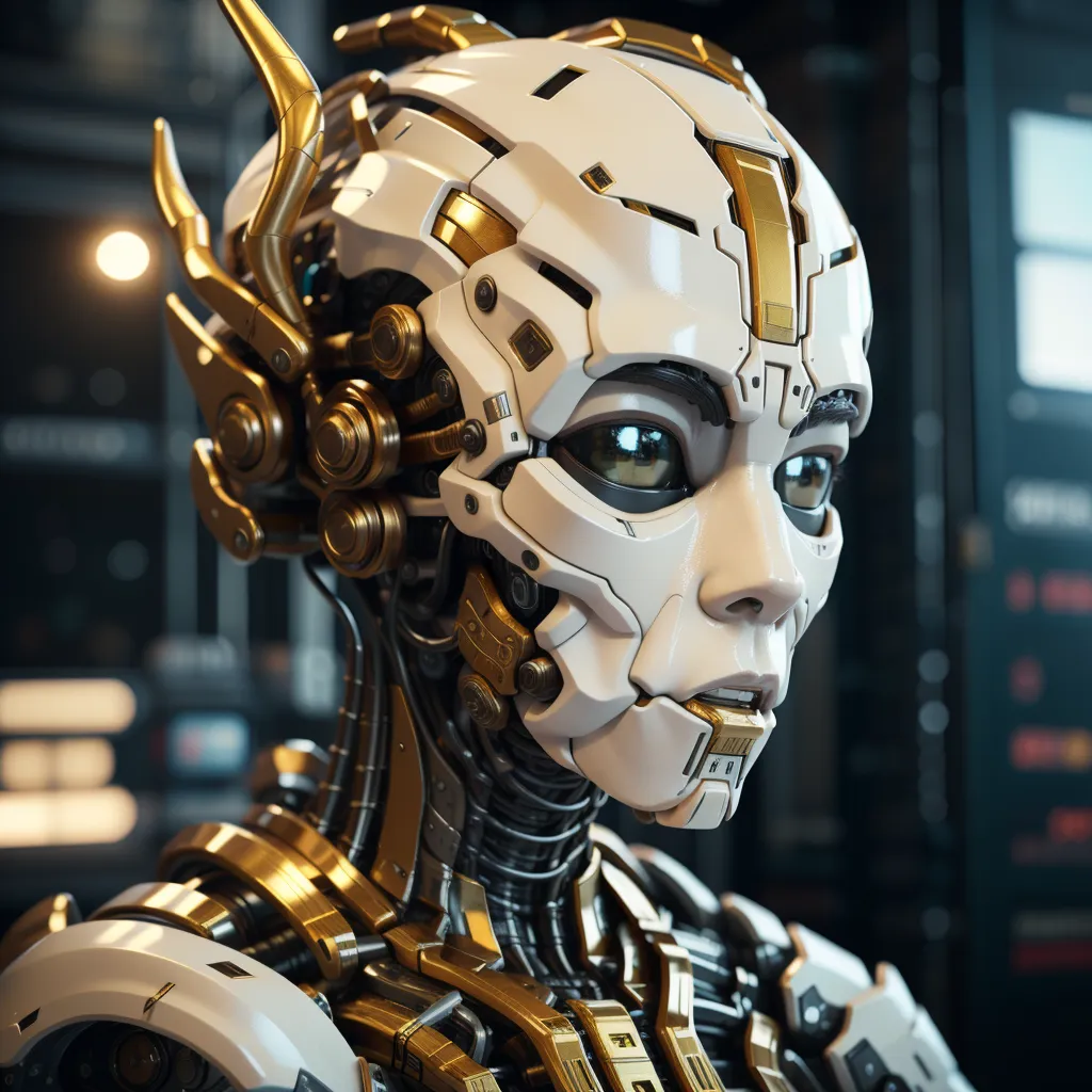 The image is a portrait of a female robot with white and gold armor. The robot has a beautiful face with green eyes, high cheekbones, and full lips. It is wearing a white and gold helmet with a visor. The robot's body is made of white and gold metal, and it has a variety of wires and cables attached to it. The background of the image is a blurred out image of a futuristic city.