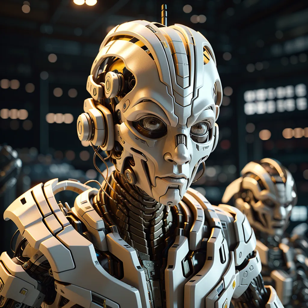 The image is a portrait of a humanoid robot with light gold and white plating. It has a feminine appearance, with a human-like face and long, flowing hair. The robot is wearing a white bodysuit and a pair of headphones. It has a serious expression on its face. The background is a blur of light and dark colors.