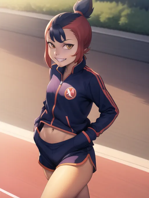 The image shows a young woman with red and black hair in a ponytail wearing a dark blue tracksuit with orange stripes and a phoenix logo on the chest. She has a confident smile on her face and is standing with her hands in her pockets. She is standing on a running track with a green field and trees in the background.