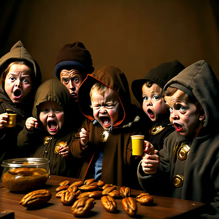 This image shows six children dressed in medieval clothing. They are all sitting around a table with a bowl of nuts on it. The children are all looking at something off-camera with their mouths open in shock. The background is dark brown.