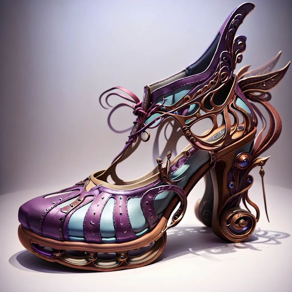 L'image montre une chaussure steampunk violette et bleue avec beaucoup de détails métalliques et mécaniques, ainsi que des sortes d'ailes sur le côté. La plateforme de la chaussure est décorée de rivets et le talon est décoré d'engrenages et de rouages mécaniques. La chaussure est également décorée de petits joyaux bleus.