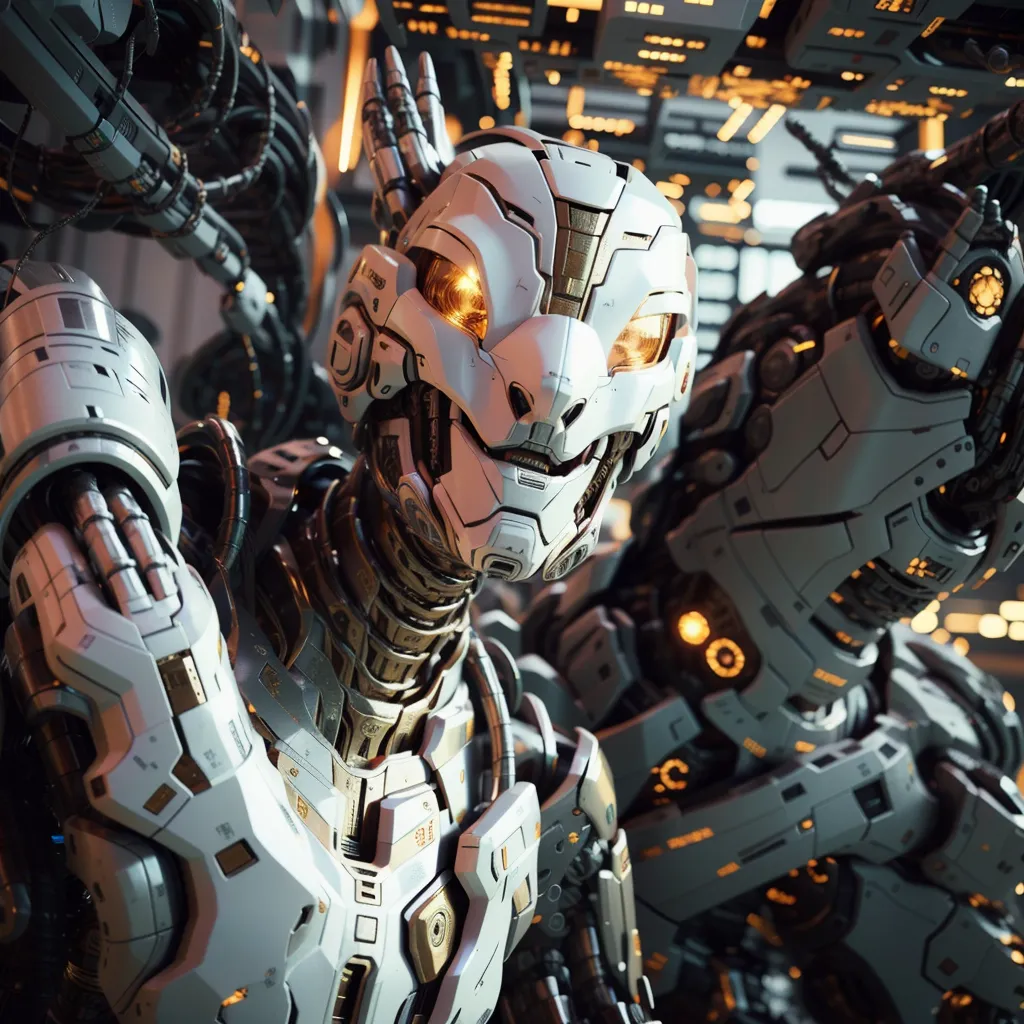 The image shows a group of robots in a futuristic setting. The robots are all white and have glowing yellow eyes. They are all wearing different types of armor and are all armed with weapons. The background of the image is a blur of yellow and white lights.