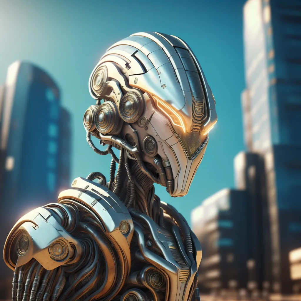 The image is a depiction of a robot or cyborg with a silver and gold exterior. It has a humanoid shape and is wearing a helmet with a visor. The robot is standing in a city, with tall buildings in the background. The sky is blue, and the sun is shining. The robot's eyes are glowing yellow.