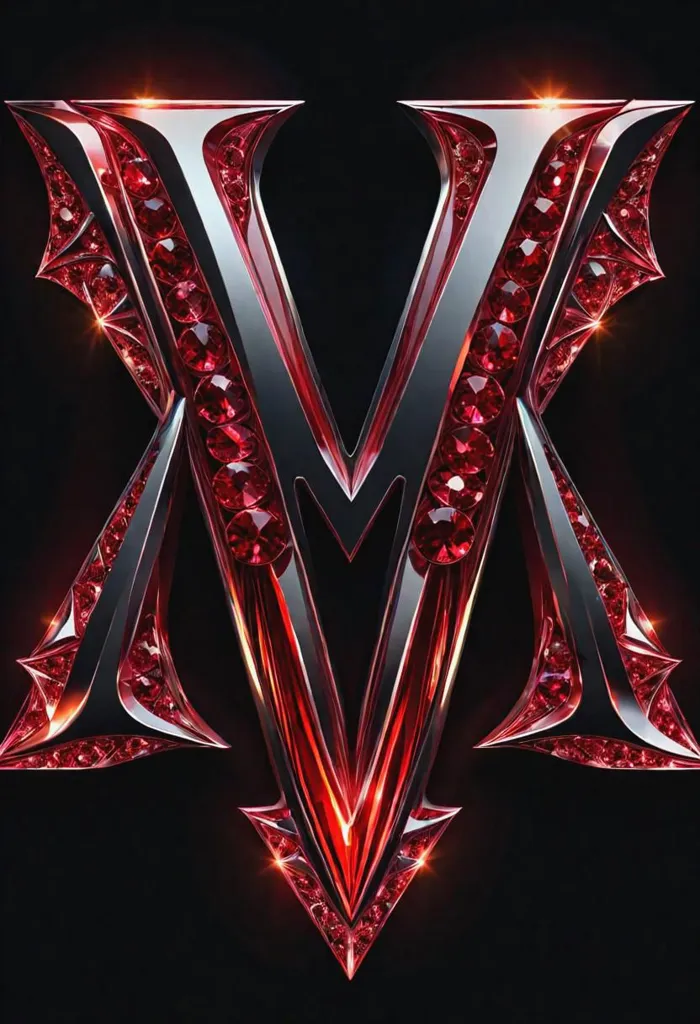 The image is a 3D rendering of the letter "M". The letter is made of red and black metal and has a shiny, reflective surface. The letter is also decorated with red and black gems. The background is black.