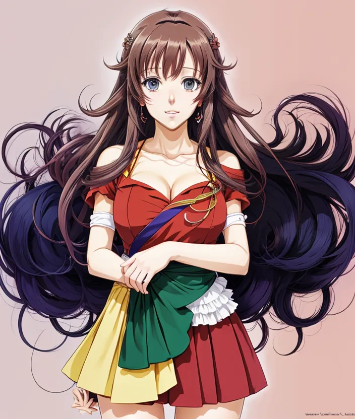 The picture shows a beautiful anime girl with along brown hair and blue eyes. She is wearing a red and yellow dress with a white apron. The girl is standing in front of a pink background, and she has a gentle smile on her face.