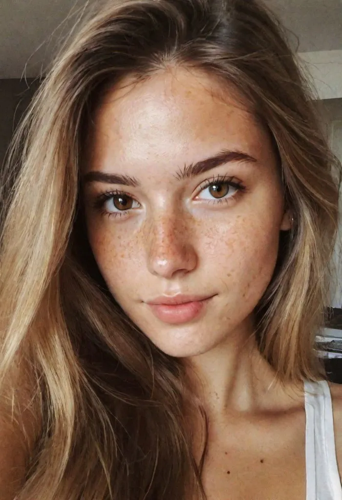 This is a photo of a young woman with freckles on her face. She has brown hair and brown eyes. She is wearing a white tank top. The photo is taken from a close-up angle, and the woman's face is the main focus of the image.