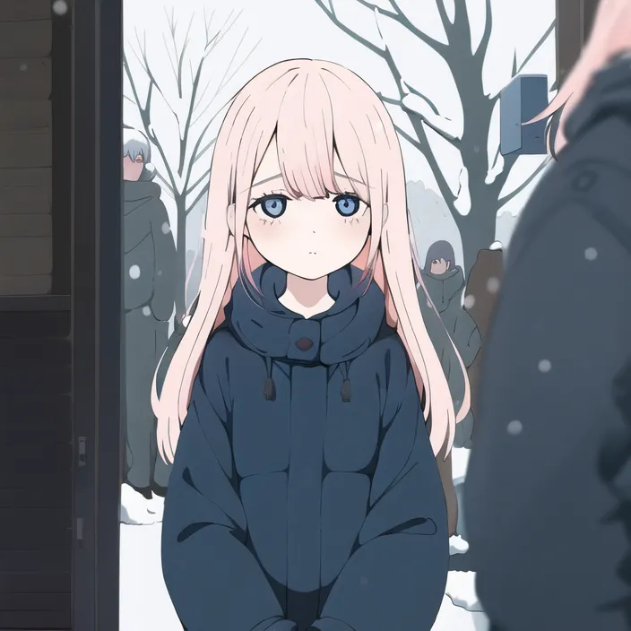 The image is a depiction of a young girl standing in a snowy landscape. She is wearing a blue winter coat and has long pink hair and blue eyes. The girl's expression is one of sadness or resignation. She seems to be lost in thought, perhaps about something that has happened in the past or something that she is worried about in the future. The background of the image is a blur of snow-covered trees and a blue sky. The image is drawn in a realistic style and the colors are muted and desaturated.