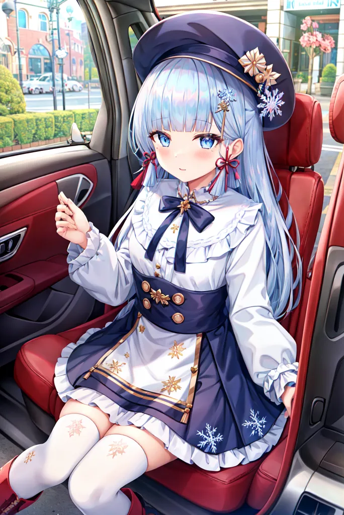 L'image montre une jeune fille aux longs cheveux bleus et aux yeux bleus. Elle porte une robe blanche et bleue avec un nœud rouge dans les cheveux. Elle est assise au volant d'une voiture et a la main sur le volant. La voiture est garée dans une rue de la ville, et on peut voir des bâtiments et des arbres en arrière-plan. La fille regarde l'objectif et a un sourire sur le visage.