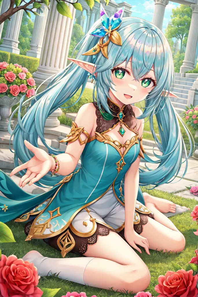 The image is of an anime-style elf girl with long, flowing green hair and emerald green eyes. She is wearing a blue and white dress with a white underskirt and a pair of white boots. She is also wearing a necklace and a bracelet on her right wrist. The elf girl is sitting on the ground in a garden, surrounded by pink roses. She has a bright smile on her face and is looking at the viewer with her head tilted to the right.