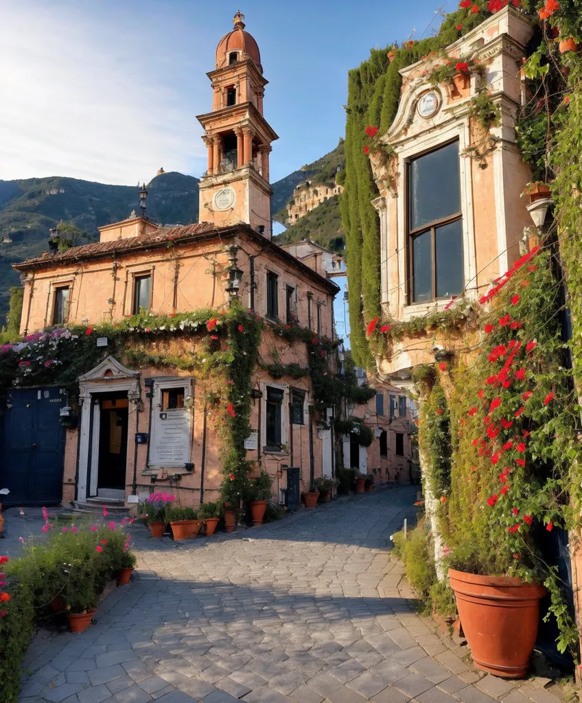 The image is of a street in a small Italian town. The street is narrow and cobbled, and lined with old buildings. The buildings are mostly two or three stories tall, and have wooden shutters and flower boxes on their windows. There is a clock tower on one of the buildings. The street is quiet and peaceful, and there are no cars parked on it. The only people on the street are a few tourists walking by.