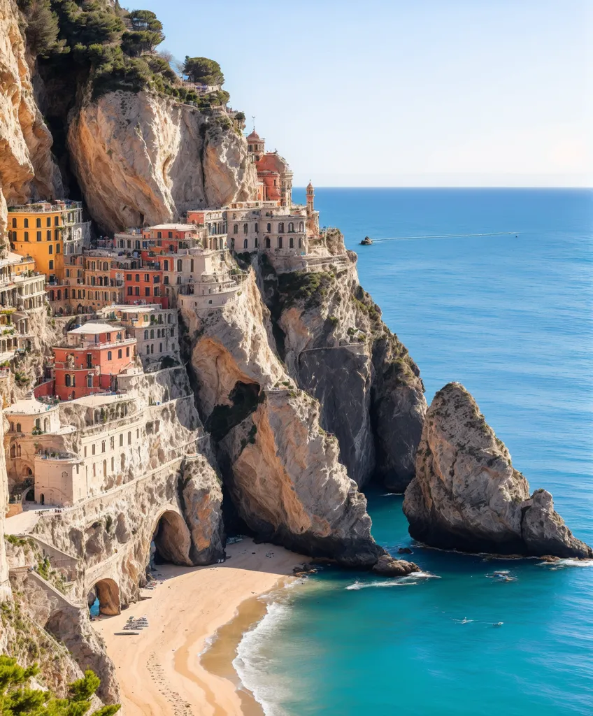 The image shows a beautiful coastal village built on a cliffside. The village is surrounded by sheer cliffs and turquoise blue sea. The houses in the village are built close together and are painted in a variety of colors. The village is accessible by a road that winds its way up the cliffside. There is a small beach at the bottom of the cliff, and a few boats are anchored in the bay. The water is crystal clear and a deep blue color. The sky is blue and there are a few clouds in the