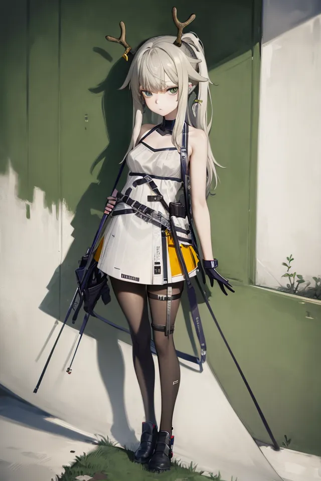 The image is of a young woman with white hair and green eyes. She is wearing a white dress with a yellow belt and black boots. She also has a pair of antlers on her head. She is standing in front of a green wall with a plant growing on it. There is a door on the right side of the image. The image is drawn in a realistic style and the colors are vibrant and bright.