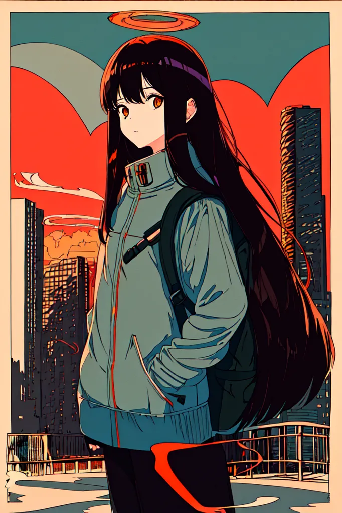 The image is a portrait of a young woman with long black hair. She is wearing a blue jacket and black pants. She has a halo above her head and is standing in front of a city. The city is in the background and is made up of tall buildings. The sky appears to be a bright orange.