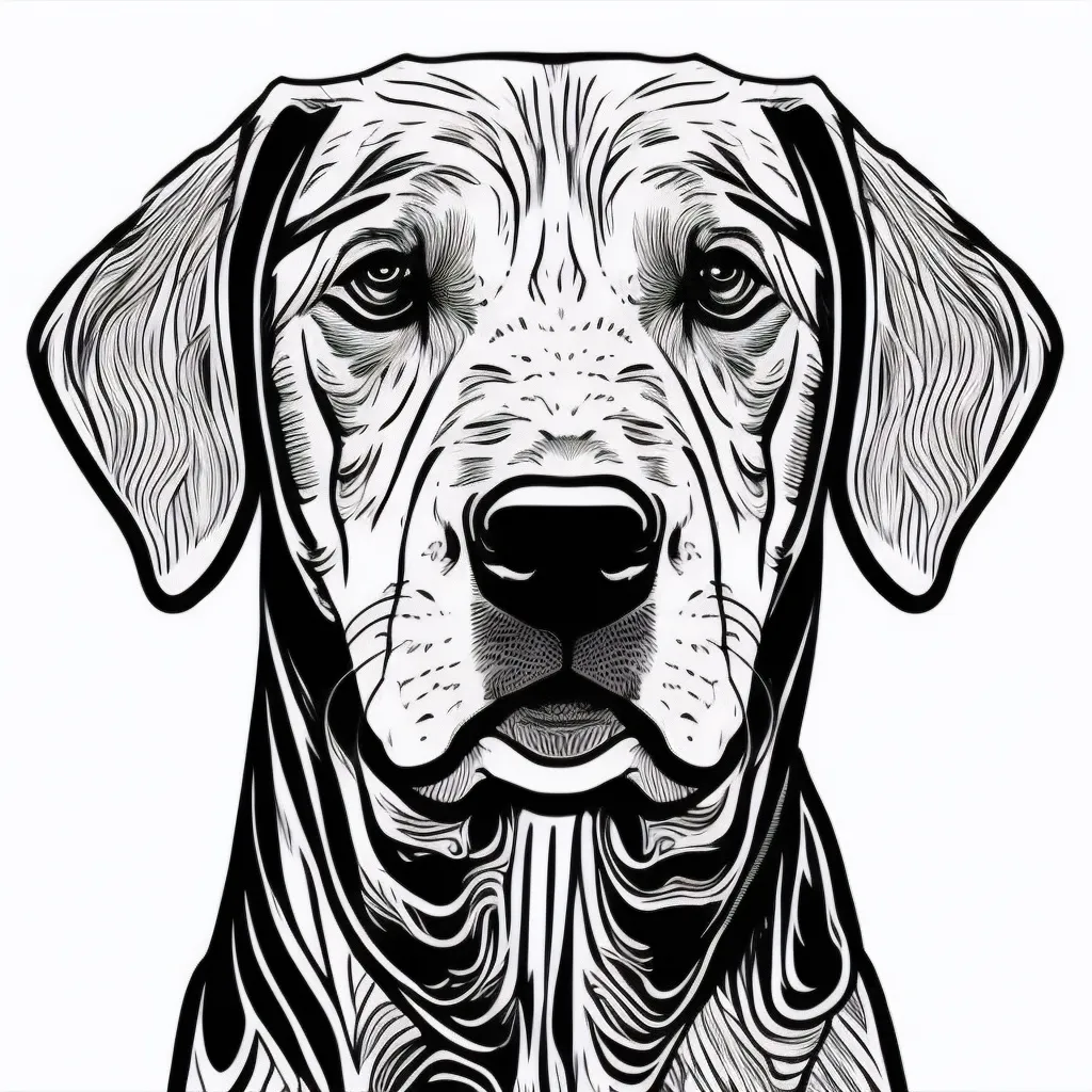 A imagem é um desenho em preto e branco do rosto de um cachorro. O cachorro é um Weimaraner e está olhando para o observador com uma expressão séria. O rosto do cachorro está coberto de rugas e suas orelhas são longas e caídas. O pescoço do cachorro é grosso e seu peito é largo. A imagem é desenhada em um estilo realista, e o artista usou sombreamento para criar profundidade e dimensão. O efeito geral da imagem é de força e nobreza.