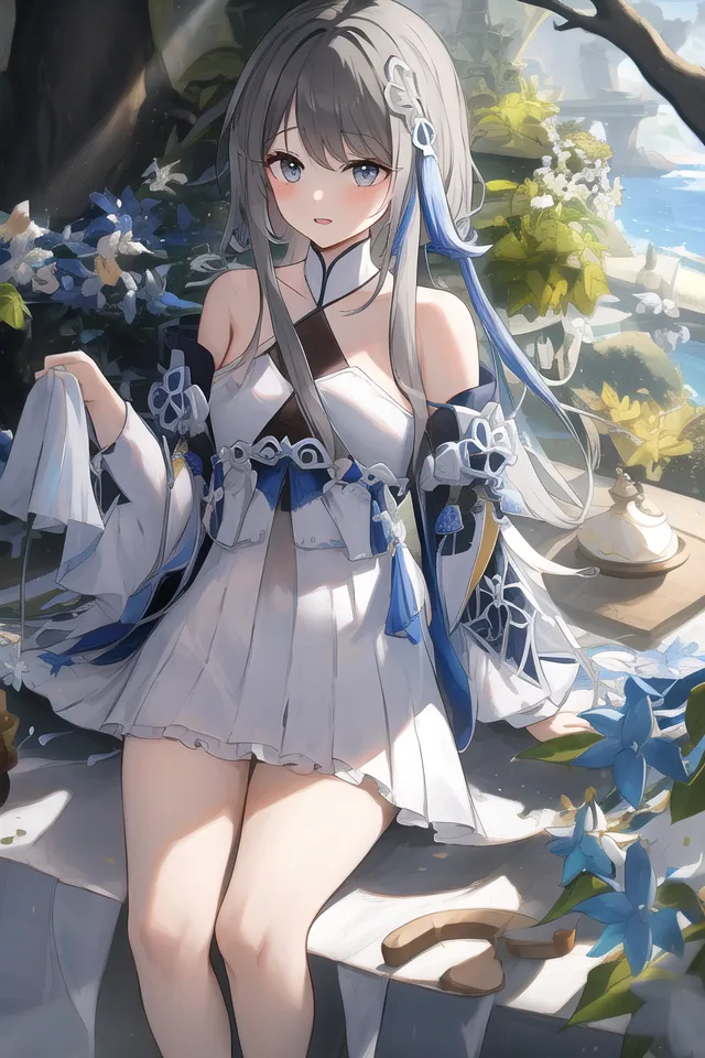 The image is of a beautiful anime girl with long silver hair and blue eyes. She is wearing a white dress with a blue sash and has a gentle smile on her face. She is sitting on a stone bench in a garden, surrounded by blue flowers. There is a small table next to her with a teapot and two teacups on it. The background is a blur of green leaves and blue sky. The image is drawn in a realistic style and the colors are vibrant and bright. The girl's expression is serene and peaceful, and the overall atmosphere of the image is one of tranquility and beauty.