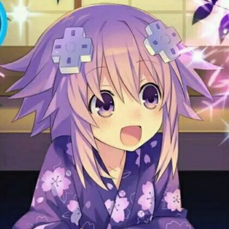 The image is of a young girl with purple hair and purple eyes. She is wearing a purple kimono with white and pink flowers. The girl is smiling and has her mouth open. She has two purple hair clips in her hair that resemble the PlayStation controller buttons.