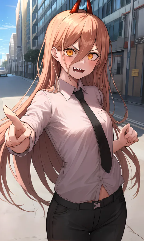 The image is of a young woman with long orange hair, red eyes, and devil horns. She is wearing a white dress shirt, black pants, and a tie. She has a confident expression on her face and is pointing at the viewer with her right hand. The background is of a city street with buildings and cars.