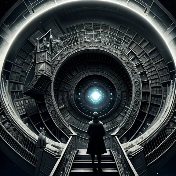 The image is a digital painting of a library. The library is in the shape of a spiral, with bookshelves lining the walls. There is a large window at the end of the spiral, and a person is standing at the bottom of the stairs leading up to the window. The person is wearing a long black coat and a hat. They are looking up at the window. The library is dark and mysterious, and the person standing at the bottom of the stairs looks small and insignificant in comparison to the vastness of the library. The image is full of mystery and wonder, and it leaves the viewer wondering what the person is looking for and what they will find at the end of their journey.