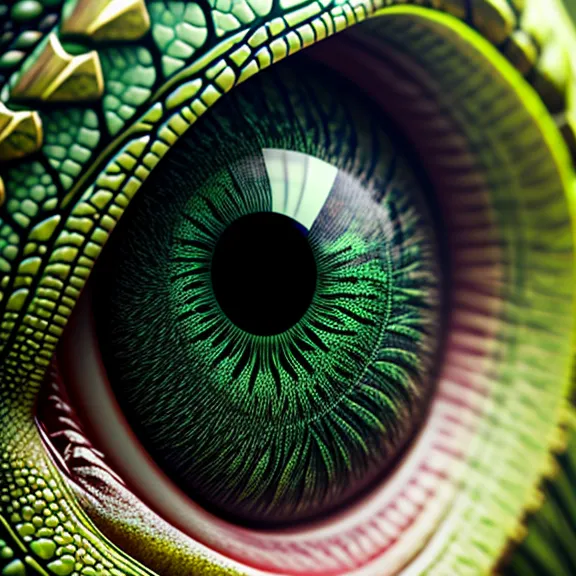 La imagen es un primer plano de un ojo reptiliano verde. El ojo está rodeado de una piel verde texturizada con escamas doradas. El ojo en sí es de un verde brillante con una pupila negra. El iris es de un verde oscuro con un anillo amarillo a su alrededor. El ojo mira directamente al espectador.