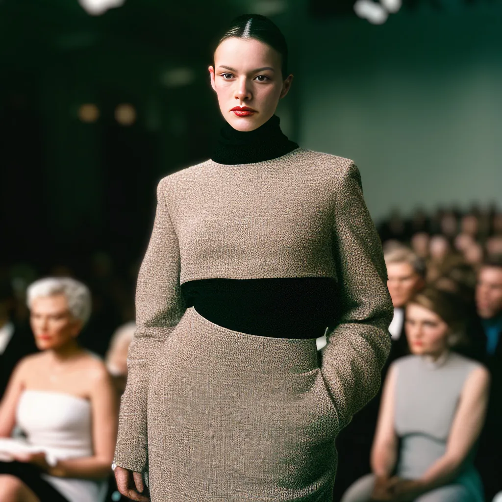 The image shows a fashion model wearing a brown tweed suit. The suit has a cropped jacket with a black turtleneck sweater underneath. The skirt is high-waisted and straight. The model is wearing red lipstick and her hair is pulled back in a bun. She is standing on a runway with a blurred audience in the background.